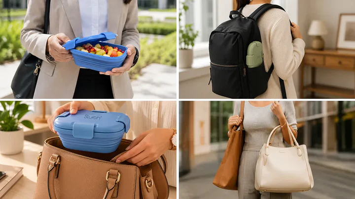 Four moments of carrying Slursh silicone boxes in office bags and totes.