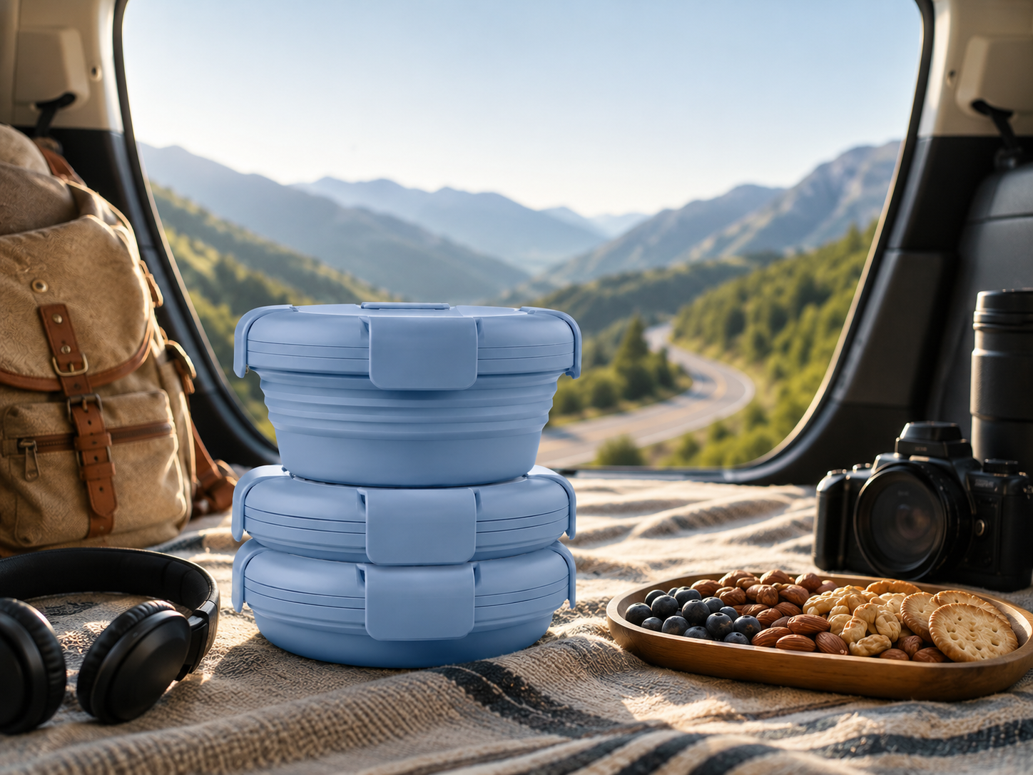 Stack of blue Slursh boxes on a woven blanket inside an open car boot with mountains and a snack platter in view.