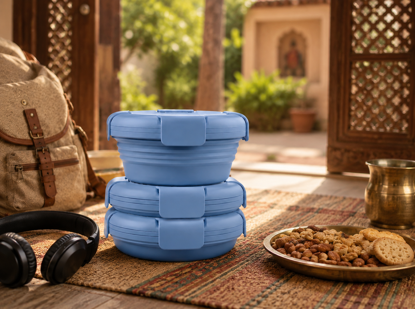 A stack of three blue Slursh collapsible boxes on a woven rug beside a backpack, headphones and a brass plate of snacks, ready for a weekend trip.