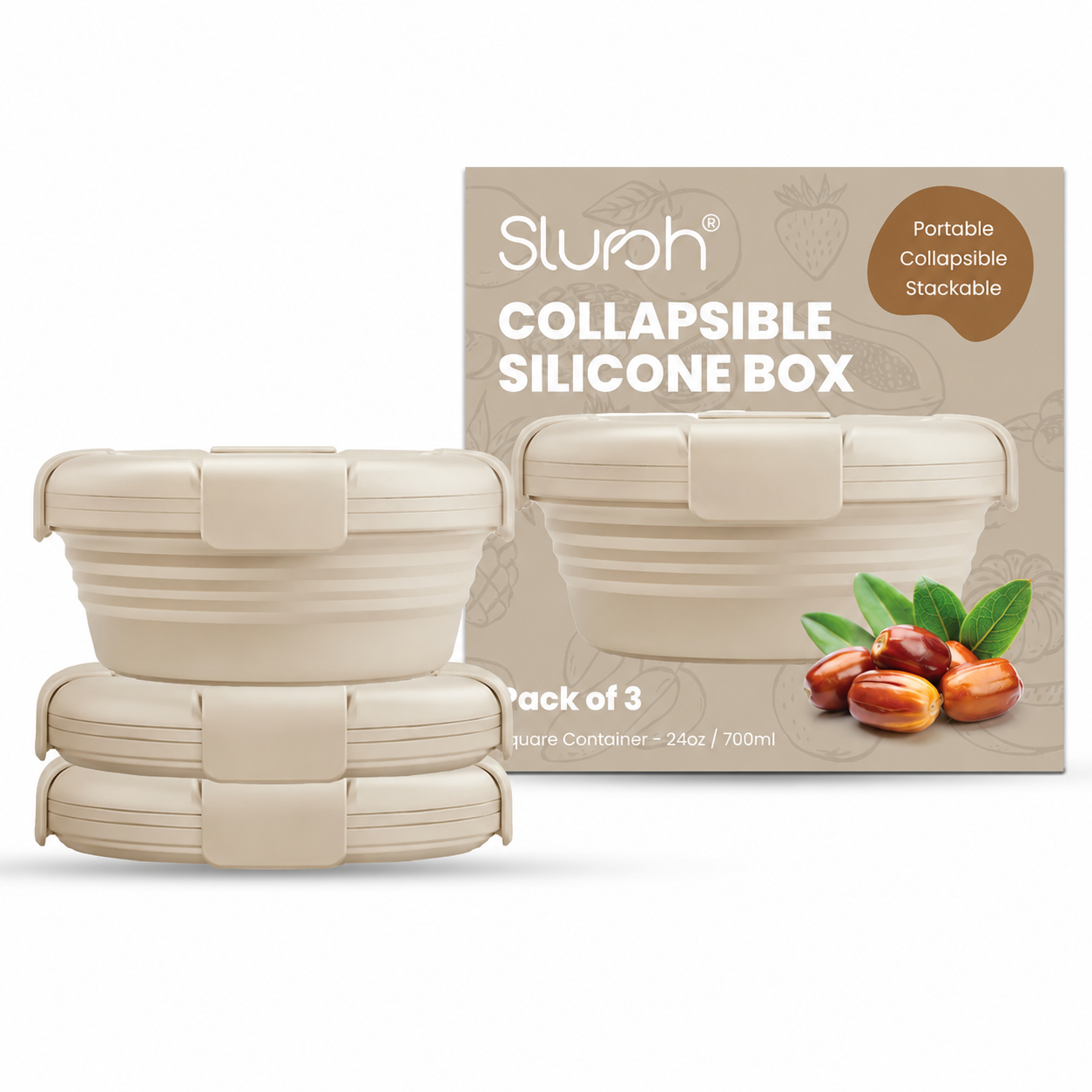 The Slursh collapsible silicone box pack of three in blue placed in front of its retail box.