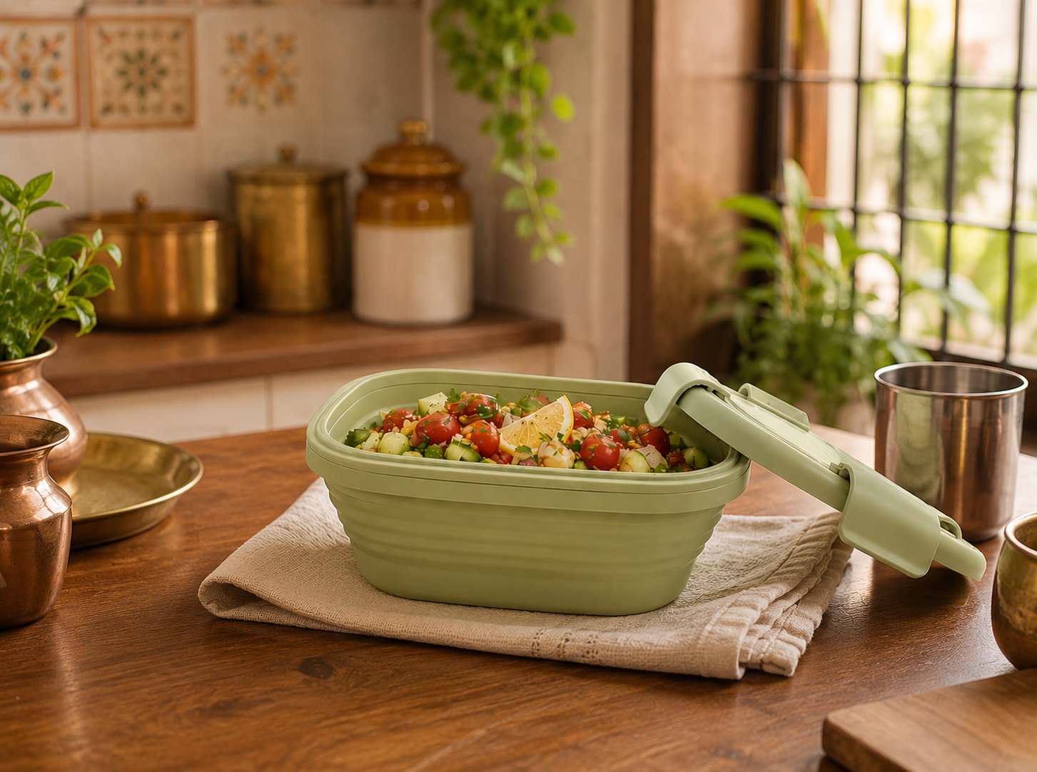 A sage green Slursh collapsible box filled with a fresh chopped salad resting on a wooden kitchen table beside brass jars.