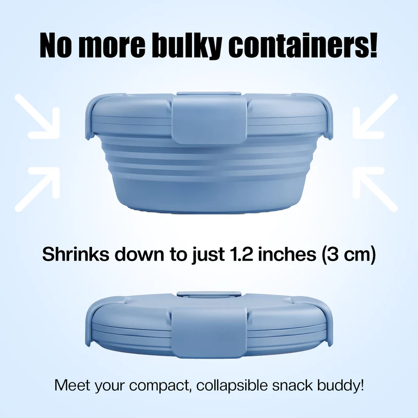 Side by side view of a blue silicone container expanded and then collapsed flat to roughly three centimetres.