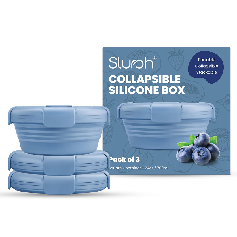 Slursh collapsible silicone box pack of three in soft blue beside its product packaging.