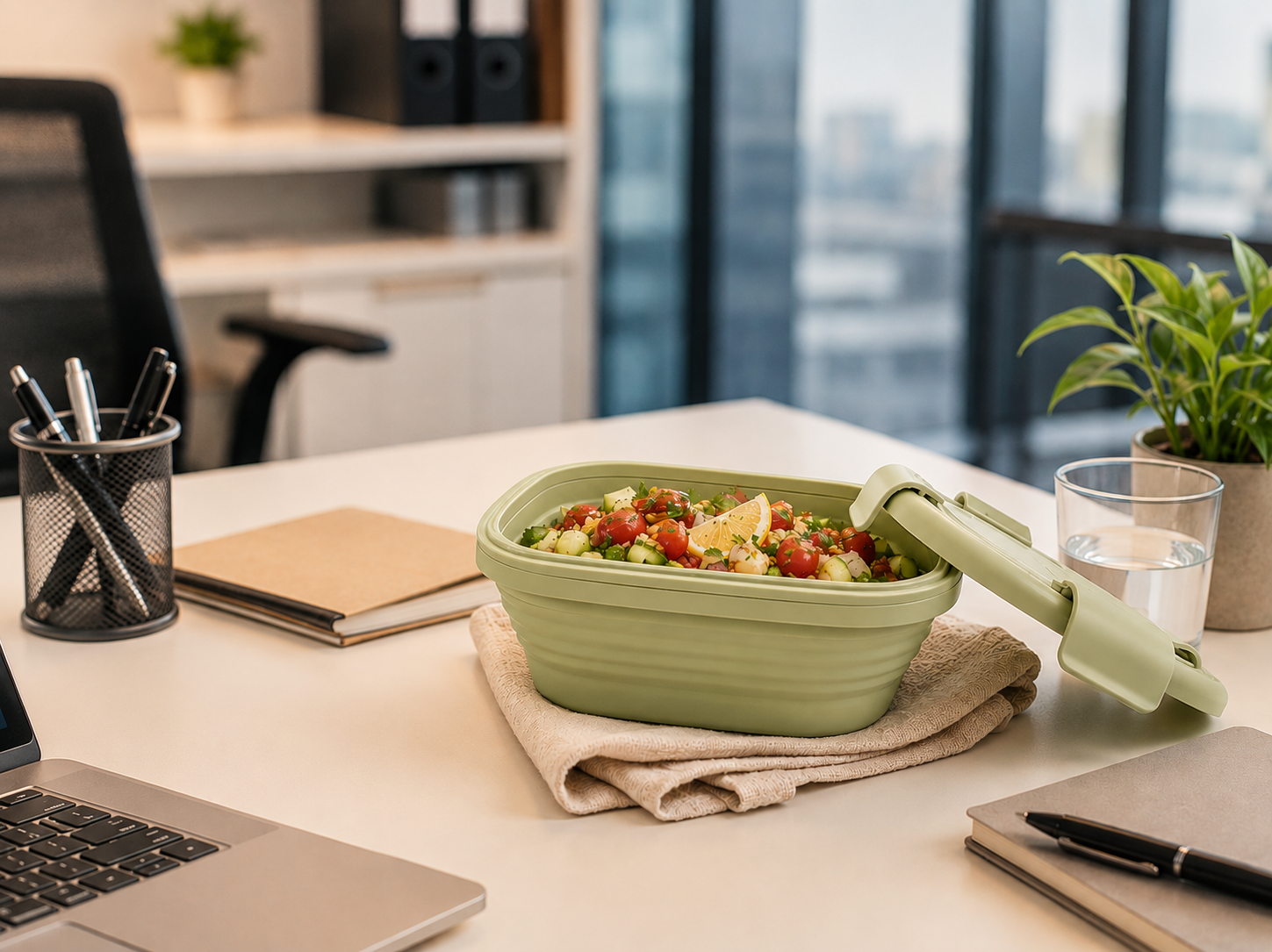 Sage green silicone container filled with a fresh tabbouleh style salad on a bright office desk beside a laptop and notebook.