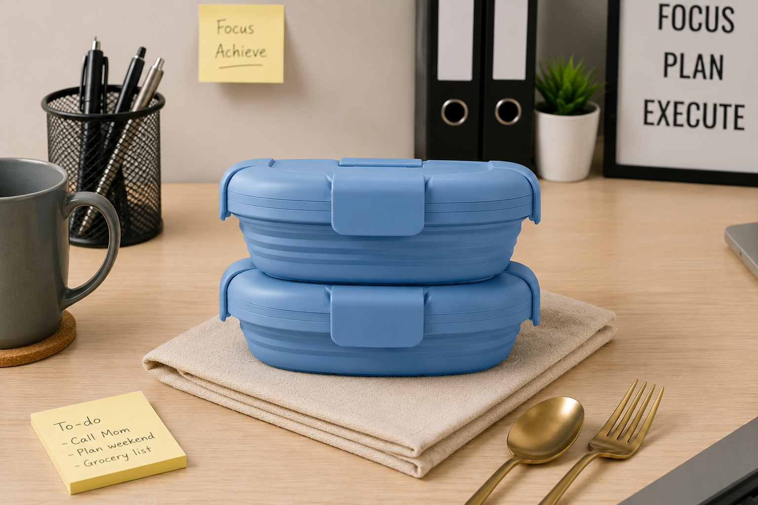 Two stacked blue Slursh collapsible silicone boxes on a tidy work-from-home desk with a mug, pen holder, and gold cutlery.