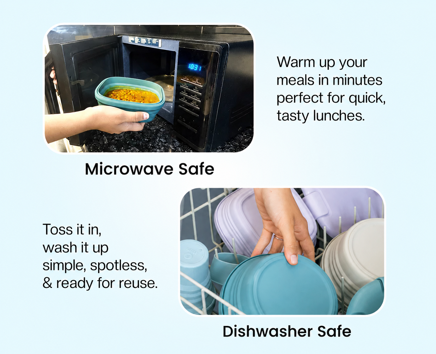 A collage showing a Slursh container going into a microwave and being cleaned in a dishwasher.