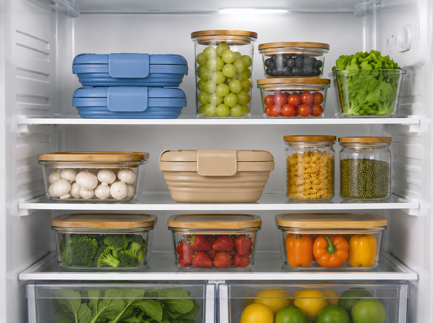 An open fridge shelf with two stacked blue Slursh collapsible boxes alongside glass jars of produce and fresh greens.