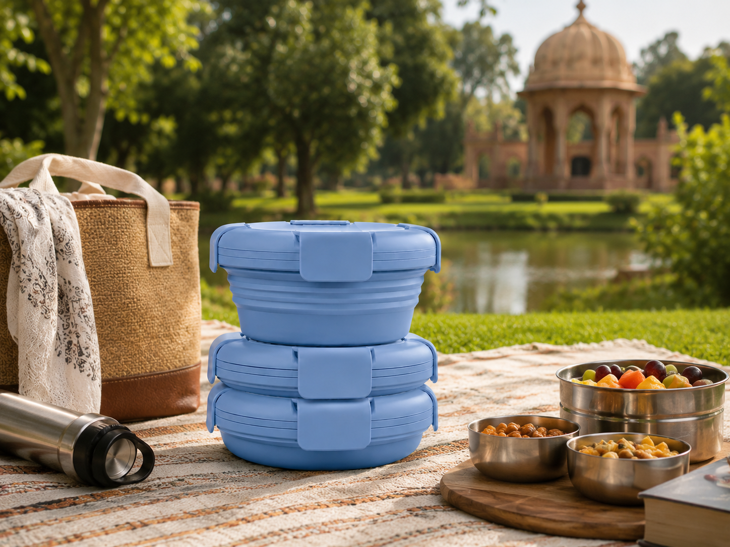 Stack of blue Slursh boxes on a picnic mat beside a tote bag and snacks.