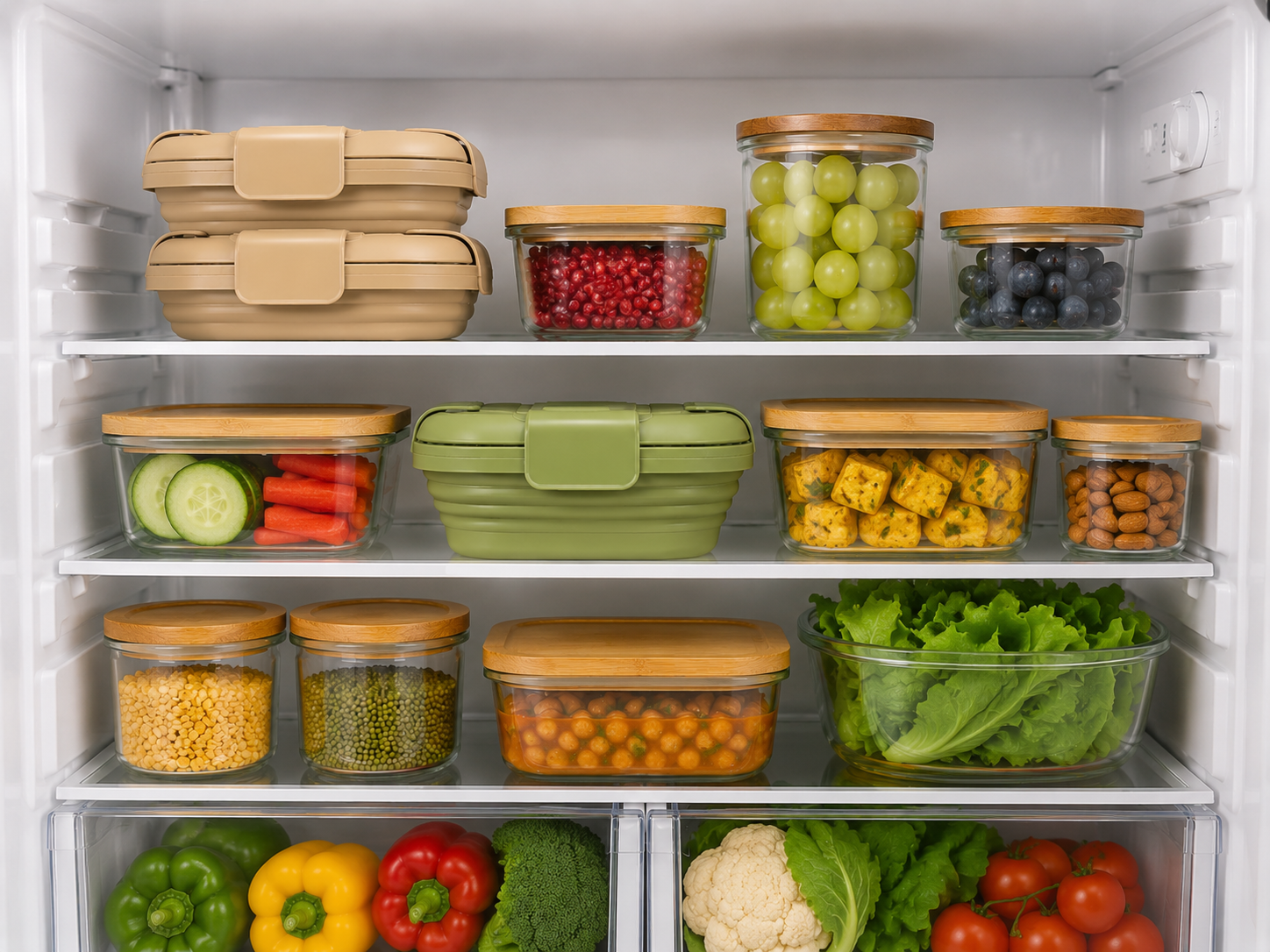 A neatly organised fridge with silicone and glass containers of fresh food.
