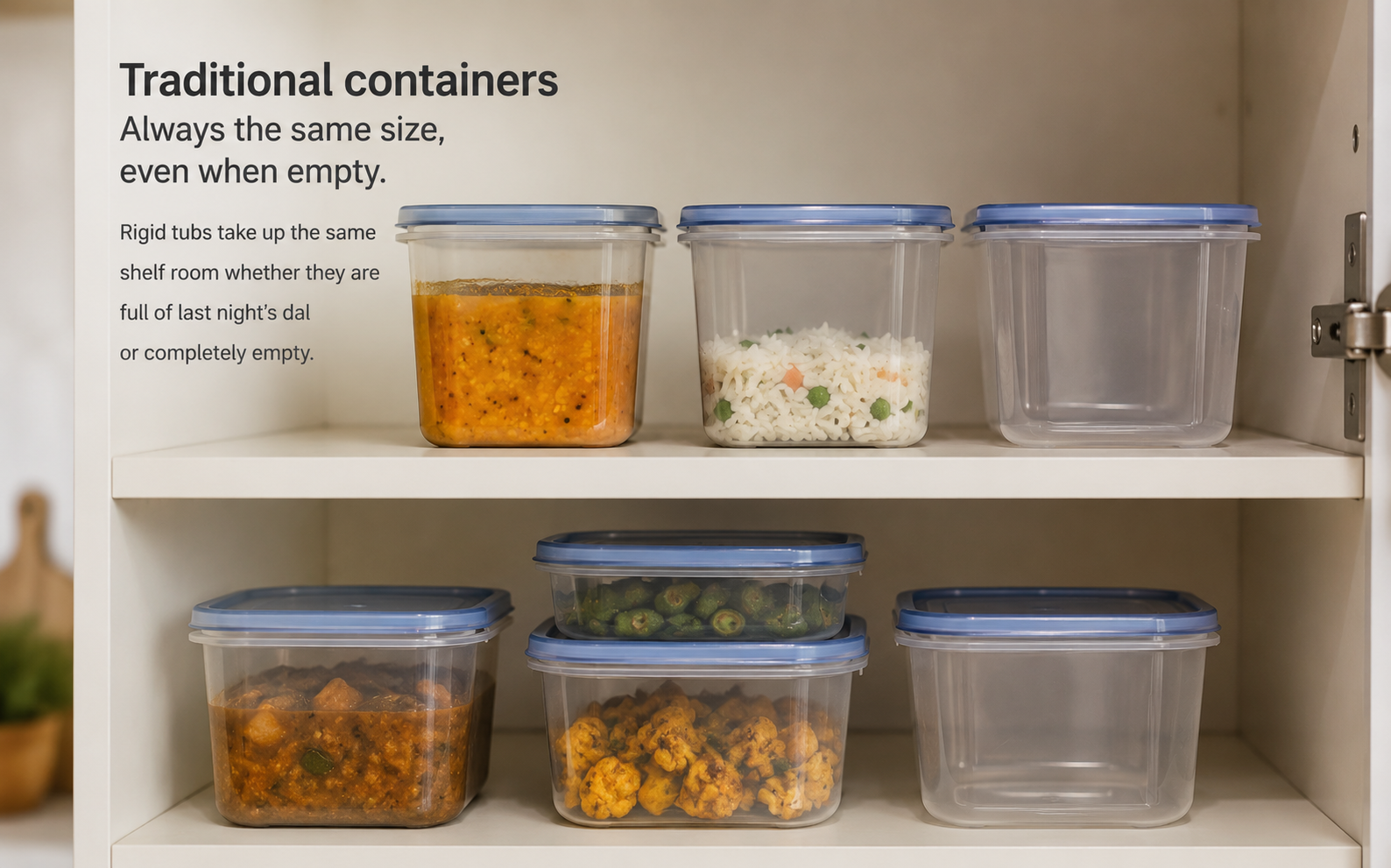 Two cabinet shelves filled with rigid plastic containers, some full of food and some empty.