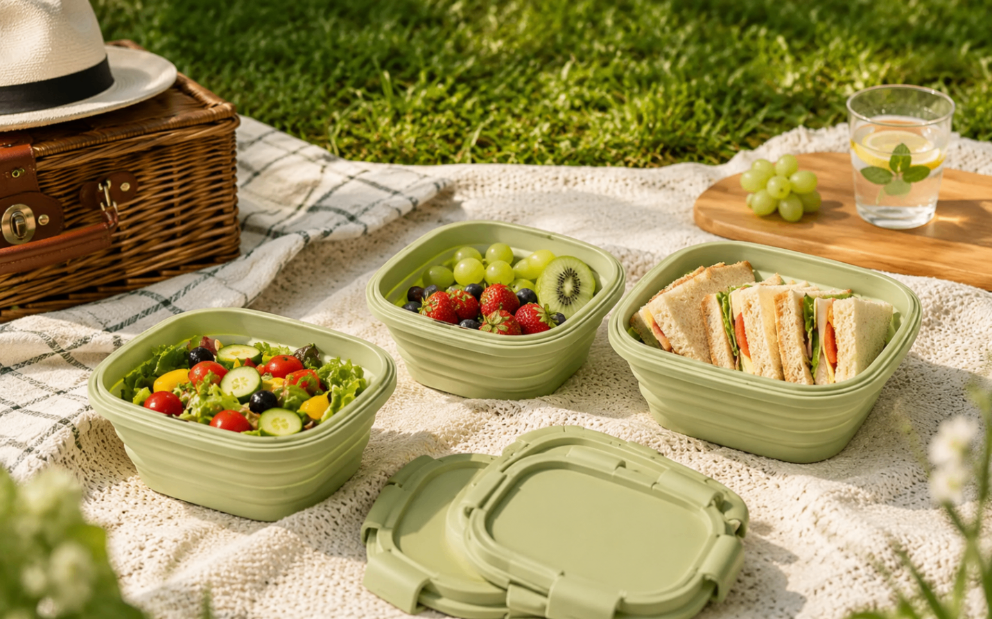 Three green Slursh containers arranged on a picnic blanket with fruit and sandwiches.