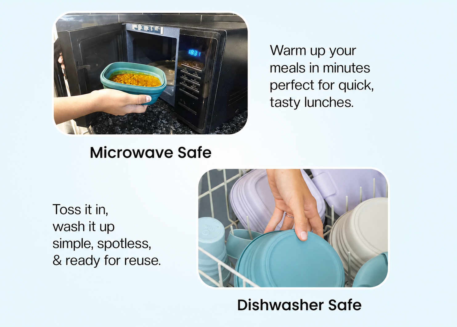 Two-frame image showing microwave safe and dishwasher safe features.